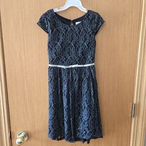 Girls Elegant Black Lace Dress with Silver Belt - Girls Size 7/8